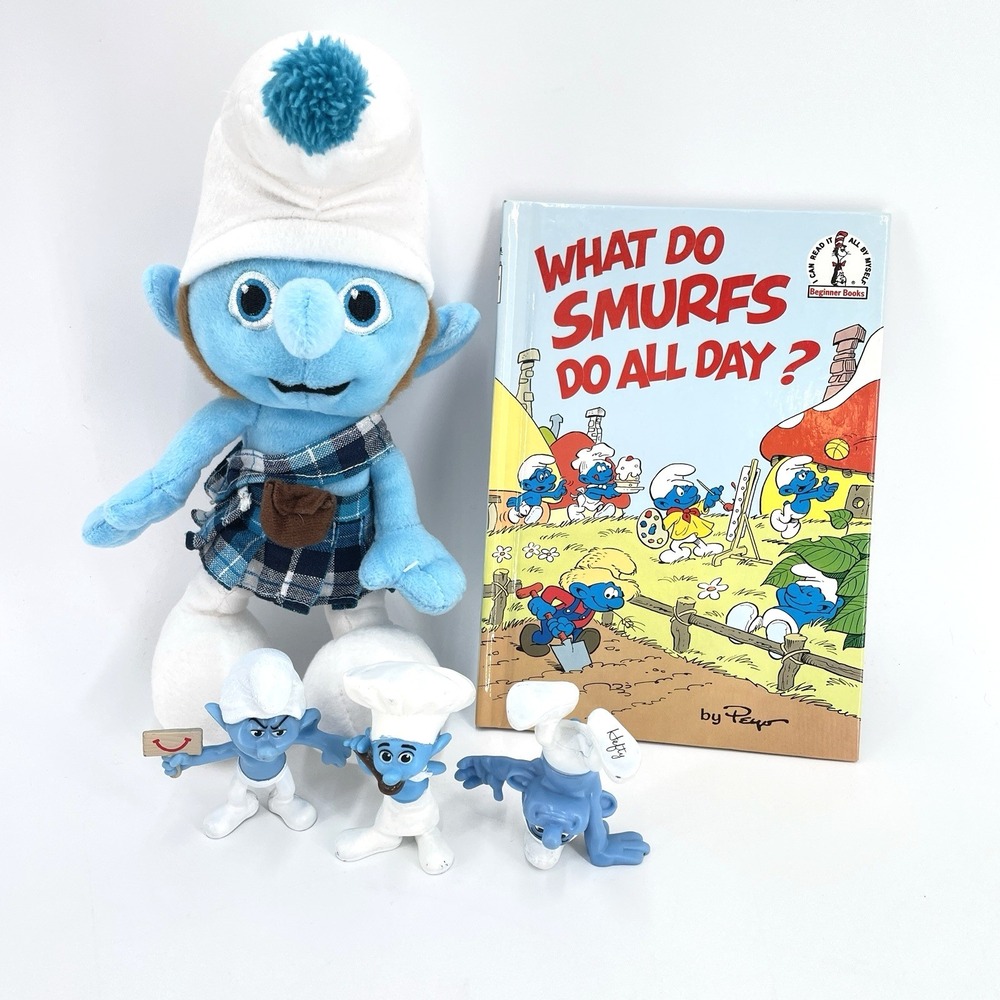 Vintage Smurfs Toy Lot Movie 12" Gutsy Plush Kilt Beginner Book PVC Figures Peyo
